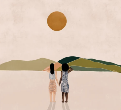 illustration of two women holding hands, standing in front of a mountain range, looking towards the sun