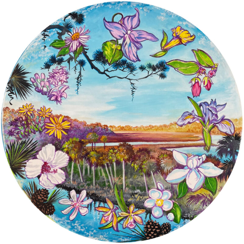 circle painting of Spruce Creek with flowers adorning the outer edges